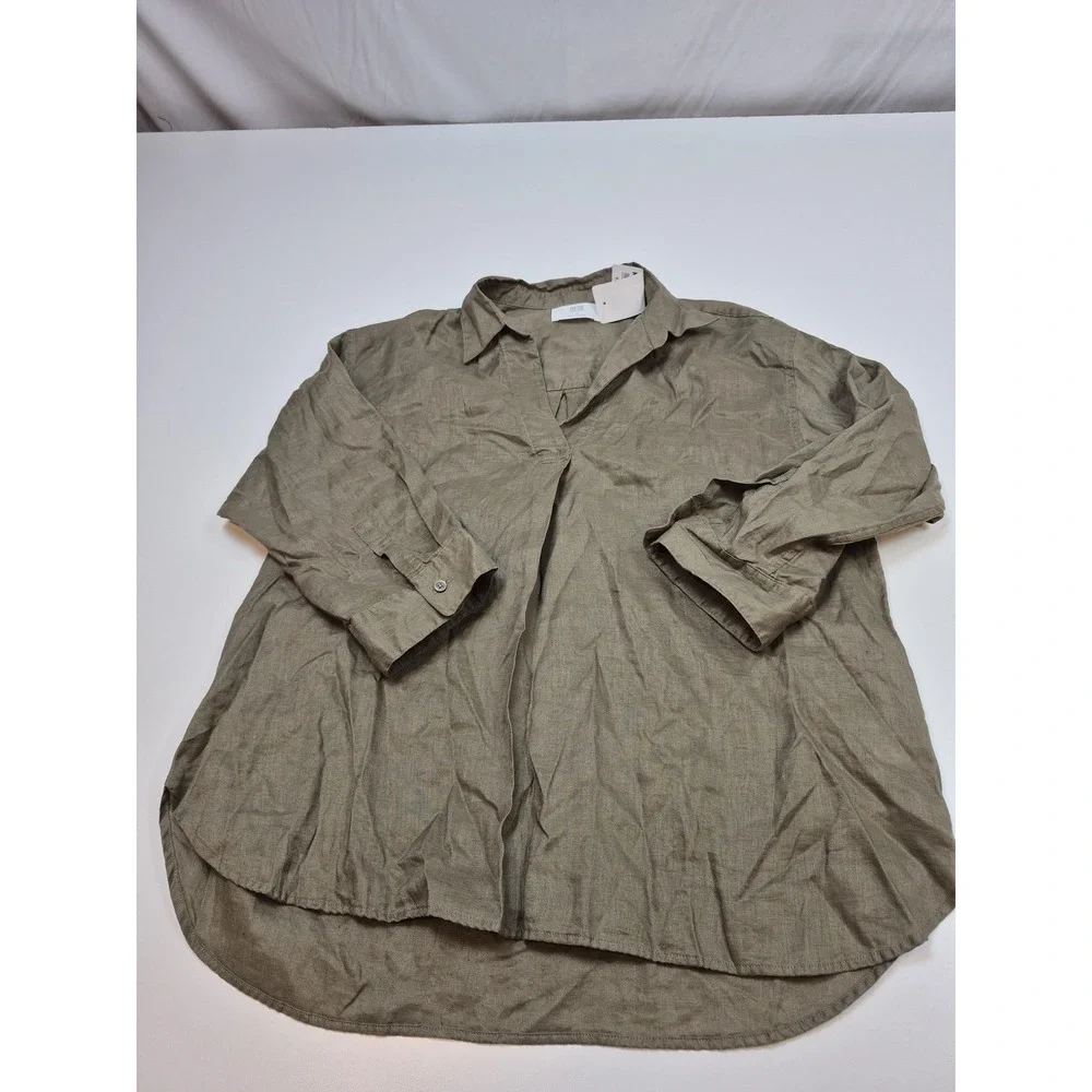 Uniqlo Shirt Womens Medium Green Linen Skipper Collar Pullover Top Long Sleeve - Picture 1 of 10